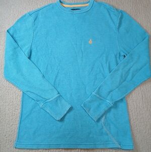 Volcom Mens Shirt Medium Long Sleeve Thermal Waffle Knit Blue Orange